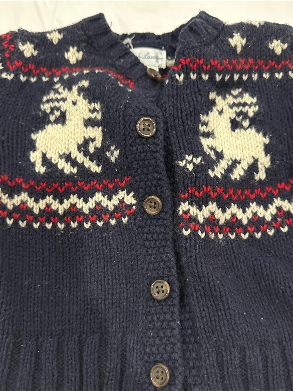 Ralph Lauren Navy Blue Knit Cardigan with White and Red Fair Isle Reindeer